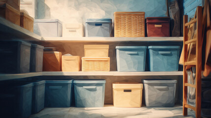 パントリーに並べられ、日用品をすっきり収める収納ボックスが生活感を整える室内の情景