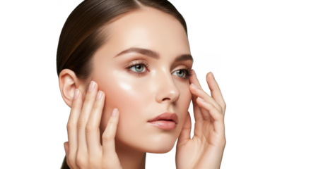 Closeup portrait of a woman with her hands touching her face, showcasing a clean and natural skincare look isolated on transparent background