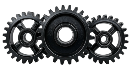 Three interlocking dark gears on a black backdrop, central gear slightly larger