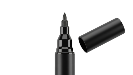 Close-up of a black marker pen with its cap removed showcasing the nib and sleek design.