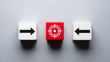 Three wooden blocks with arrows and target icon on red block