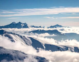 Snowy mountain peaks pierce a sea of clouds under a clear blue sky