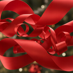 A close-up view of vibrant red ribbon swirling against a blurred festive background with bokeh lights