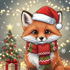 A cute christmas fox wearing a santa hat and scarf in a festive winter scene