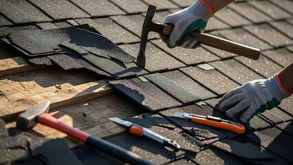 Roofer installing new asphalt shingles on a house roof