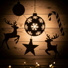 Festive christmas shadows featuring reindeer and snowflakes on a wooden background