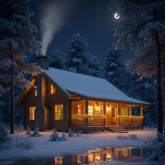A cozy log cabin glowing warmly on a snowy winter night under a crescent moon
