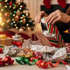 Unwrapping a christmas present in a cozy living room with a decorated tree