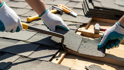 Skilled Worker Removing Old Asphalt Roof Shingles During Renovation