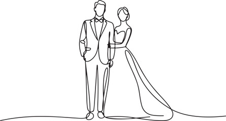 Obraz premium Continuous line drawing happy groom bride standing at wedding with transparent background