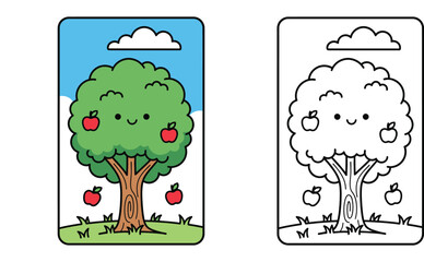 Cute cartoon apple tree with happy face and falling red apples vector illustration. Adorable nature character in garden with blue sky and white cloud for children book or nursery decor.