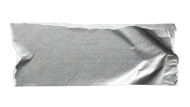 A torn piece of silver duct tape with a textured surface.