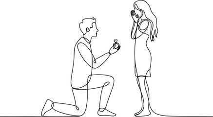Continuous line drawing. Vector illustration. Man kneeling offering engagement ring and woman surprised silhouette isolated on white background