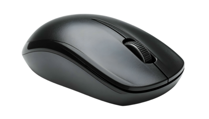 A sleek, dark-gray computer mouse with a scroll wheel and contoured design