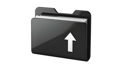 Glossy black folder icon with white upload arrow, containing papers on a black background