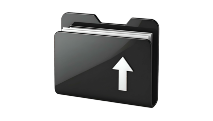 Glossy black folder icon with white upload arrow, containing papers on a black background