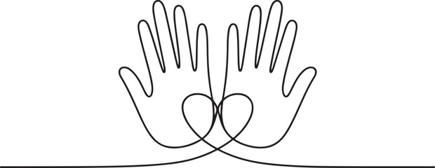 Continuous one line drawing. Abstract hands woman and man holding heart. Vector illustration