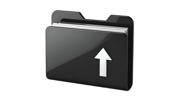 Glossy black folder icon with white upload arrow, containing papers on a black background - Powered by Adobe