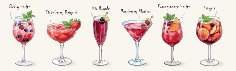Red and berry cocktails vector set, isolated on light background