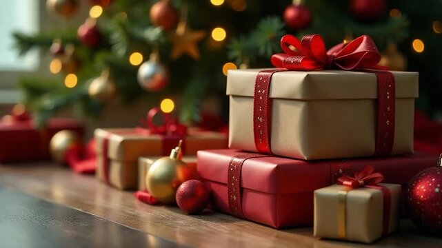 A pile of presents sitting on top of a wooden table, ready for wrapping or gift-giving occasion