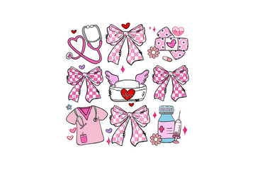 Cute Coquette Nurse Medical Icons Seamless Pattern with Bows Valentine's Day Sublimation Design