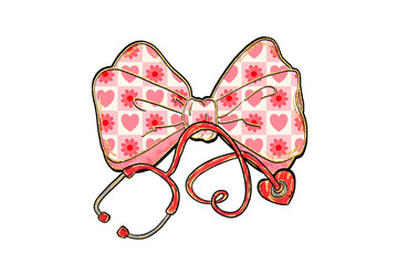 Stethoscope Shaped as Pink Plaid Coquette Bow Valentine's Day Sublimation Design 