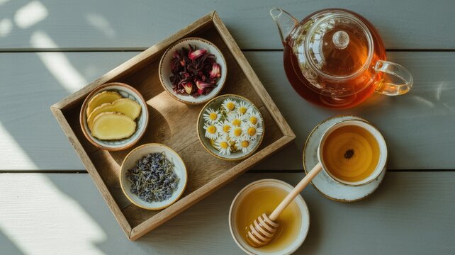 Glass teapot and teacup with herbal tea surrounded by bowls of chamomile, ginger, hibiscus, lavender, and honey on a wooden tray, symbolizing wellness, natural healing, and cozy self-care rituals - Powered by Adobe