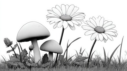 A black and white drawing of a flower garden with a mushroom in the foreground. The flowers are daisies and the mushroom is in the middle of the grass. Scene is peaceful and serene, with the flowers