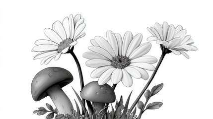A black and white drawing of a flower garden with a mushroom in the foreground. The flowers are white and the mushroom is brown