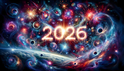 Obraz premium Original name(s): Cosmic Celebration The Universe Welcomes 2026