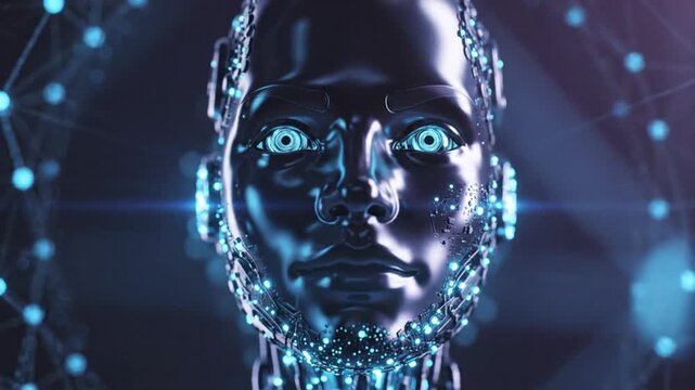 Futuristic robot head with glowing blue eyes, network connections and data flowing around