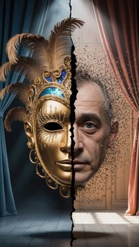 Surreal image of split face, half ornate golden masquerade mask and half aging man's face disintegrating into particles, set between dramatic stage curtains, duality, identity and the passage of time