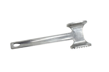 Metal meat hummer isolated on white background. Kitchen hammer for tenderizing meat. Close-up.