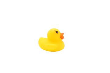 Yellow rubber duck isolated on white background. Children's bath toy. Side view.