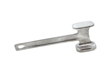 Kitchen hammer for tenderizing meat. Metal meat hummer isolated on white background. Close-up.