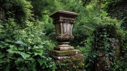 Naklejka premium An old stone urn sits on a pedestal in the middle of a forest. Green plants and vines grow all around it creating a natural setting during daylight.