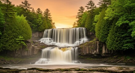 Majestic waterfall cascades through lush green forest at sunset serene natural beauty captured