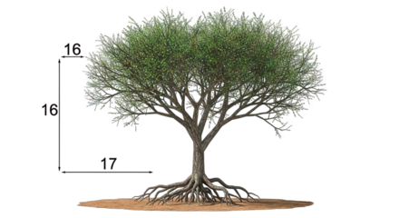 Detailed illustration of a mature olive tree with visible roots and dimensions.