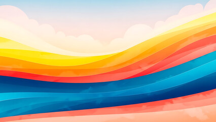 Rainbow colored abstract waves with soft clouds and blue sky with colorful yellow orange