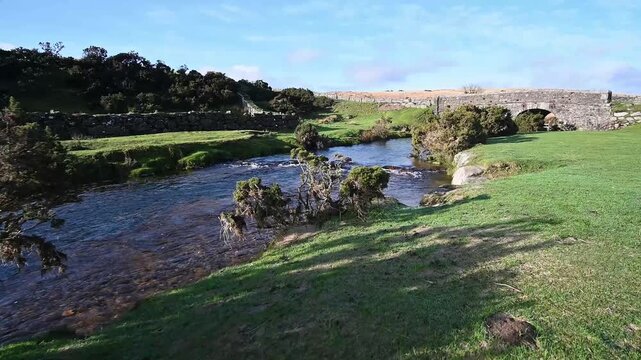 Winter sunshine walk next to stream on Dartmoor Devon