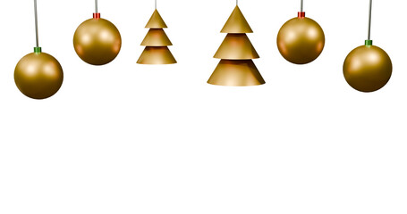 Christmas tree gold with golden balls hangings decorations with copy space in a transparent background