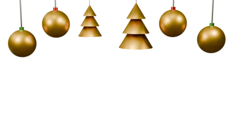 Christmas tree gold with golden balls hangings decorations with copy space in a transparent background