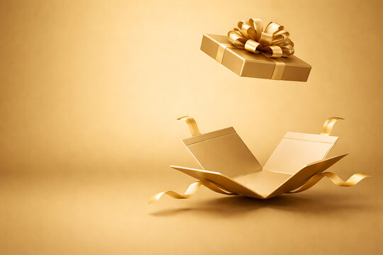 3d render of an open empty golden gift box floating on an abstract gradient gold background with loose ribbon streamers and copy space mockup