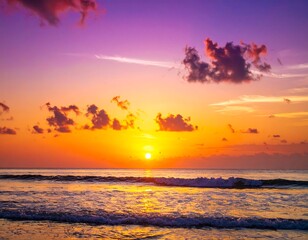 Vibrant coastal sunset with a blazing sun and colorful clouds