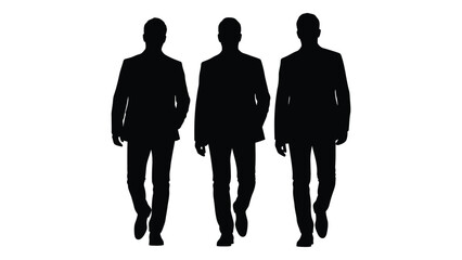 Four men in suits walking together depicted as a striking black silhouette