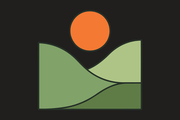 Stylized minimalist abstract landscape with rolling green hills under a warm orange sun on a dark background