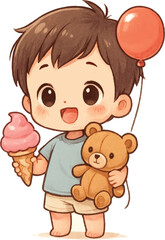 Obraz premium Cute little boy child cartoon illustration with teddy bear toy and a happy smile
