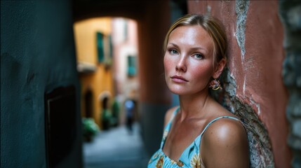 Fototapeta premium Elegant Woman in Historical Alleyway: A woman's portrait amidst an antique alleyway, exuding poise. captured in a moment of tranquility and contemplation within the embrace of historical architecture.