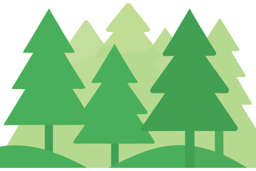 Stylized flat design illustration of a dense evergreen forest with varying shades of green pine trees in a natural landscape