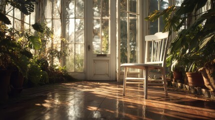 Greenhouse Serenity: Sunlit tranquility in an elegant greenhouse, showcasing a solitary chair amidst lush greenery and glass windows that invite the outside in.